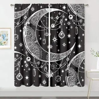 Детски луна Звезди на черно-бели завеси, 2 бр. Тънка завеса за оцветяване хола спални кука за домашен декор