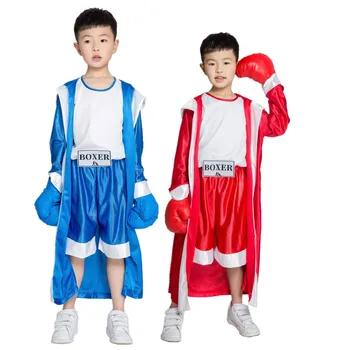 Детски син, червен, черен костюм боксьор за Момчетата на Хелоуин, гащеризон, за боксов мач с халат Детски син, червен, черен костюм боксьор за Момчетата на Хелоуин, гащеризон, за боксов мач с халат 0