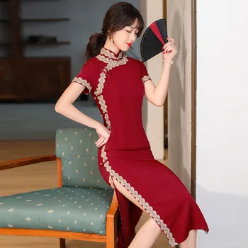 Дълго ципао в китайски стил, големи размери 4Xl, червено дантелено рокля в литературния стил, за годеж, сватба, тънък темперамент, елегантен Чонсам