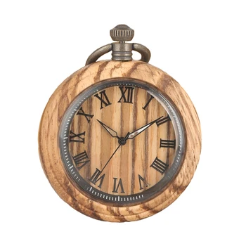 Дървени джобен часовник с подвижни веригата и огърлица за мъже, мъжки джобен часовник с брелоком, кварцов римски градация