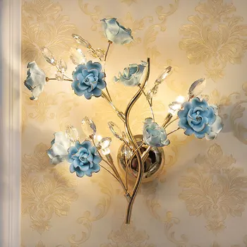 Европейският лампа Луксозен цветен, с монтиран на стената лампа Дневна Спалня Таблата Кристална керамични цветя стенен лампа ТЕЛЕВИЗИЯ фон, с монтиран на стената лампа