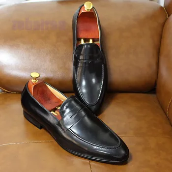 Ежедневни мъжки обувки в бизнес стил от естествена кожа без закопчалка, Лоферы от телешка кожа с горния слой, Мъжки Кожени обувки в Британския стил, Размера на 38-47
