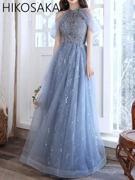 Елегантен син знаменитост рокля с пайети V-образно деколте и ръкав с четка линия, изискана дължина на пода, Абитуриентски рокли 2023 нова