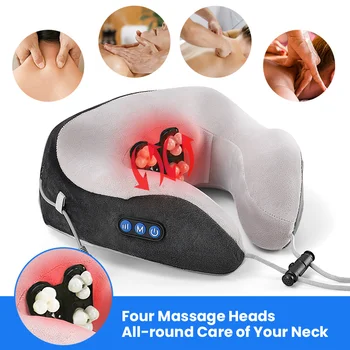 Електрически масажор за врата U-образна възглавница Многофункционален портативен масажор за рамене и шийката на матката за пътуване, в къщи, в колата, релаксираща масажна възглавница