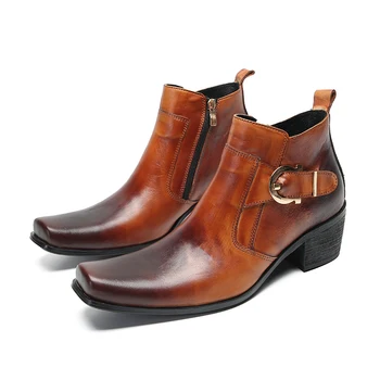 Есен-зима, реколта мъжки модел обувки от естествена кожа с квадратни пръсти, каубойски къси ботуши с катарама, мъжки официални бизнес ботильоны