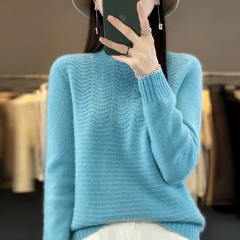 Есенно-зимния нов дамски пуловер от 100% чиста вълна, монофонични модерен пуловер с високо деколте и дълги ръкави