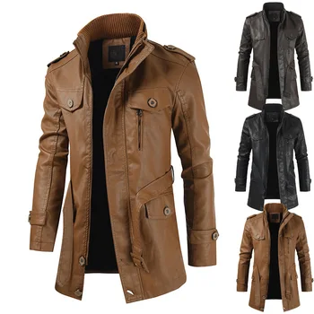Есенно-зимно яке от изкуствена кожа за мъже 2023, нова тенденция, плюшевое топло палто със средна дължина, ежедневни кожена ветровка с висока яка