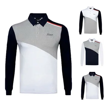 Есенното облекло за голф, мъжки ежедневни бързосъхнеща дишаща тениска-поло от ликра с дълъг ръкав, риза за голф, топ