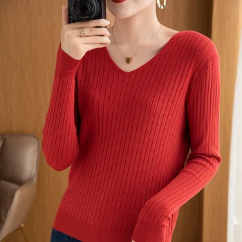 Жена пуловер Есен 2023, Зимни Възли Пуловери С V-образно деколте, Приталенная Долна Риза, Обикновен Скок От Меко Трико, Основни Пуловери