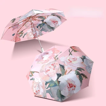 Жена чадър от слънцето с флорални принтом, сгъваем, който предпазва от ултравиолетови лъчи, женски летен моден чадър, ветрозащитный Компактен чадър за пътуване на открито