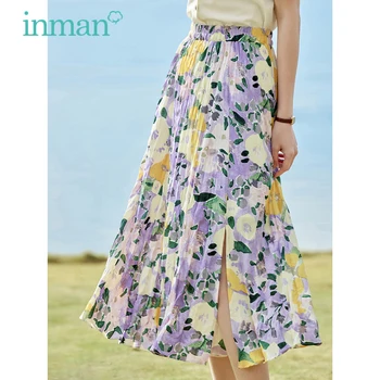 Женска пола INMAN 2023, лятна, с еластична талия, тънки, в ретро стил, плиссированная, с флорални прерязано, А-образни артистичен дизайн, пола със средна дължина