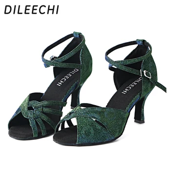 Женски обувки за латино танци DILEECHI Green шило, обувки за танци балната зала, мека подметка, настроен на различен ток 7,5 см