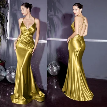Женствена рокля Ново тънък и елегантен фраза Златна повод рибя опашка Дълги стягане на вечерна рокля сватба пола