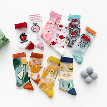 Забавни дамски ежедневни чорапи за екипажа на Корейски тенденция градинска облекло Harajuku Kawai карикатура Плодове Прозрачен кристал копринени чорапи дишащи