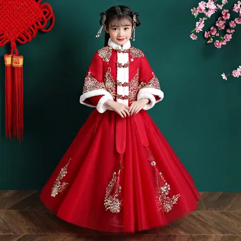 Зимно детско памучни ленено коледна рокля, детски китайски прекрасен традиционен костюм от епохата на Тан с бродерия за момичета Ханфу