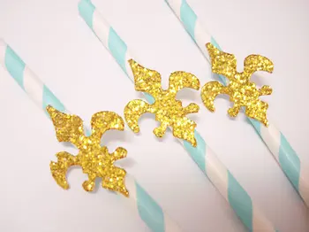 Златна блестящ Fleur de Lis на синя хартия, сламки за партита - Сватбени декорации за детската душа / Бъркалка за напитки / декоративни сламки