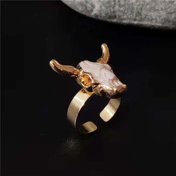Издълбани пръстен с череп на бик FUWO от злато 24 К, с покритие покритие, под формата на рогата на добитъка, пръстен от смола, бижута на едро, регулируем размер на RG004