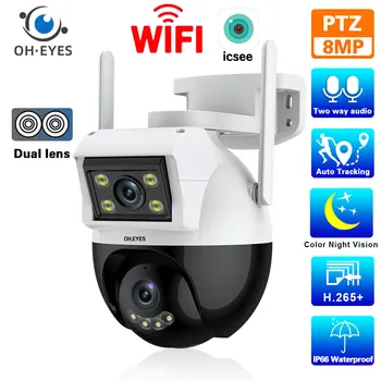Камера за наблюдение с двойна леща 4K Wifi, външно автоматично следене, безжична PTZ камера за видеонаблюдение, цветна IP камера за нощно виждане iCSee