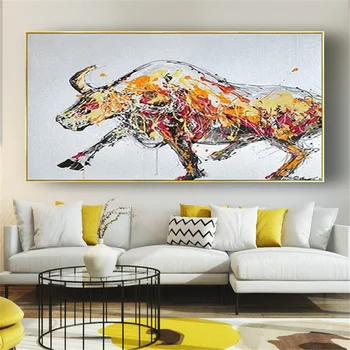 Картина с един бик, ръчно рисувани, съвременната абстрактна живопис с маслени бои върху платно, стенно изкуство с животни за дома, всекидневна, веранда, хол, офис декор