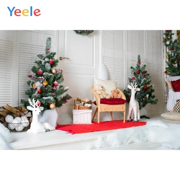 Коледно дърво, кукла елена килим дървен стол фон за рождения ден на детето Фотография Потребителски снимков фон за фото студио