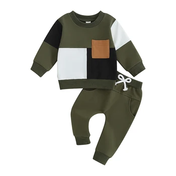 Комплект дрехи от 2 теми за малки момчета, hoody в контрастен цвят с дълги ръкави и ластични панталони за деца, есенен спортен костюм
