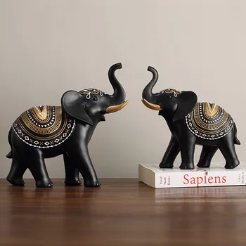 Комплект от 2 теми Статуя на слон от смола Скулптура на животното Семейство от три слонове Начало декор Дневна спалня Декорация на плота подарък