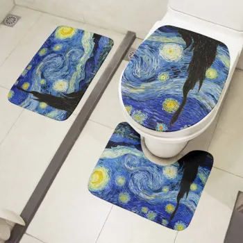 Комплект постелки за тоалетна 3D картина с маслени бои на Ван Гог Слънчоглед Звездна нощ постелки за пода, баня с душ фланелевый нескользящий килим възглавница за тоалетна