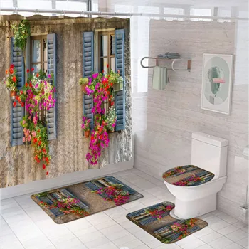 Комплекти завеса за душ с цветя модел на полето на историческата сграда за декора на банята, нескользящий подложка, капак на тоалетната чиния, подложка за баня, реколта пердета за баня