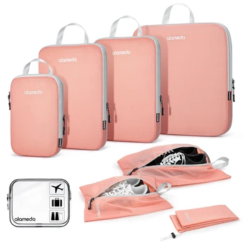 Компресия опаковъчни кубчета, организаторите за опаковане на багажа за пътните принадлежности с чанта за обувки-розов