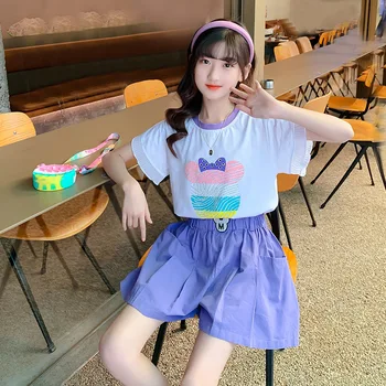 Корейски дрехи за тийнейджъри, модни лятна тениска с кружевными ръкави и принтом + шорти от еластична гумена лента за кръста, комплект градинска дрехи от 2 теми за момичета от 4 до 14 години