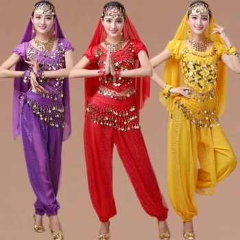 Костюм за индийските танци за възрастни, нов стил, етнически танц, танц на Синцзян, костюм за танц на корема с къс ръкав, сари