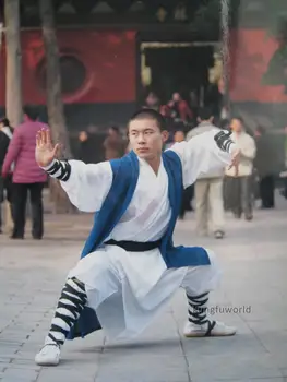 Красива униформи шаолиньского монах в бяло със синьо с дълъг елек, костюм за бойни изкуства-ушу кунг-фу, Тай-чи уин Чун, определени за карате