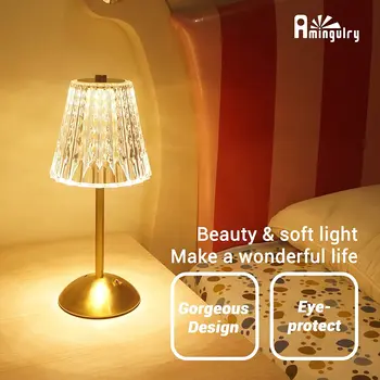 Кристален настолна лампа с регулируема яркост, 3 цвята, акумулаторна сензорна лампа, малка лампа, нощна лампа, нощна настолна лампа, подходящ за спални