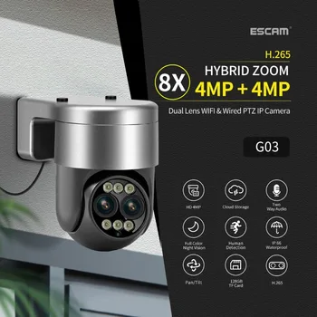 Куполна камера с бинокулярным обектив ESCAM G03, двойно нощно виждане, безжична wifi, двупосочна гласова аларма проследяване на гуманоидом, водоустойчива камера