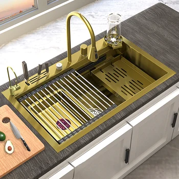 Кухненска мивка с водопад, златна мивка от неръждаема стомана голям размер, електроуреди мивка под плот за кухня
