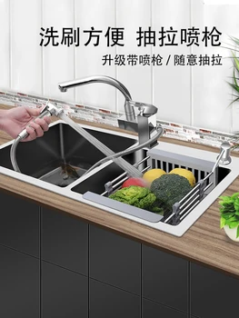 Кухненски удебелена мивка ръчно изработени, леген за зеленчуци, двоен слот за домашно мивка от неръждаема стомана 304, слот за мивка, маса отгоре и отдолу