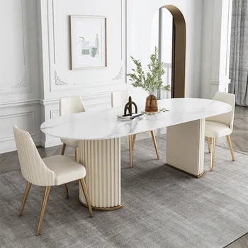 Лесен луксозна маса за хранене от каменната плоча и комбинирани модели столове, маса за хранене, овална прост модерен маса за хол