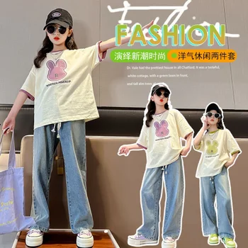 Летни дрехи за момичета, костюм с къс ръкав + дънки, комплект от 2 теми, 2023, нов корейски стил, детски ежедневни облекла от 4 до 16 години