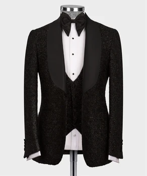 Луксозен лъскав сватбен смокинг, черни официални мъжки костюми младоженеца-3 бр., сако, жилетка, панталони, сватбен костюм за бала, мъжки костюм