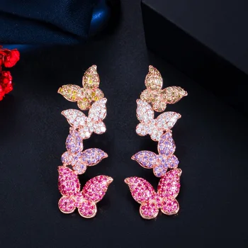 Луксозни висящи обеци в формата на пеперуда за жени с четири цветя цирконии, бижута, аксесоари за абитуриентски бал за момичета