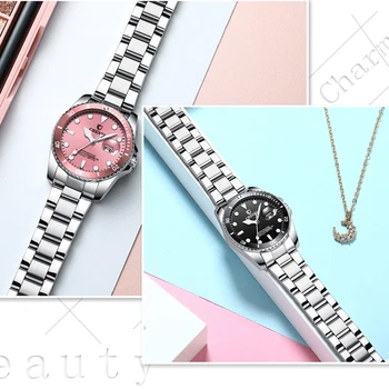 Луксозни дамски часовници е от неръждаема стомана, водоустойчив часовници, дамски модни часовници, розов зелен син циферблат, дамски часовници, новост