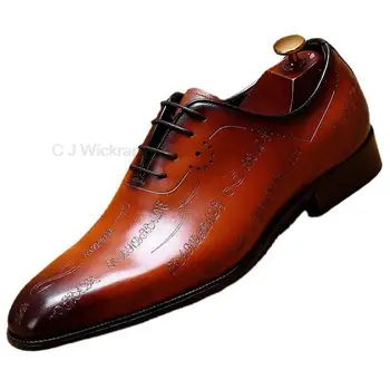 Луксозни мъжки обувки-oxfords с разположени главни букви в класически стил, модел кожени обувки кафе цвят, черни, мъжки официални обувки дантела с остри пръсти