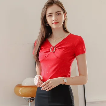 Лятна тениска, дамски нова памучен тениска с V-образно деколте и къс ръкав, женски нагънат модерни червени прилепнали блузи, дамски дрехи