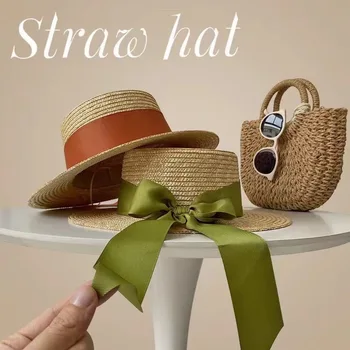 Лятна шапка с плоска горна част от естествена слама, пшеница, модерен лък, уменьшающий възраст, плажна солнцезащитная шапка, градинска солнцезащитная шапка