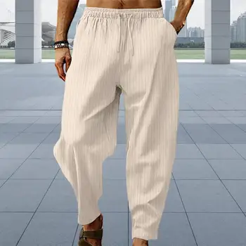 Меки и дълги панталони, удобни широки мъжки спортни панталони с еластичен ластик на талията от мека дишаща материя на райета, дизайн за спортен отдих мъже