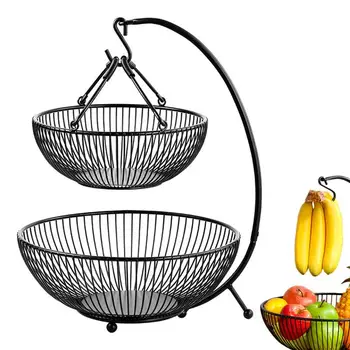 Метална кошница за съхранение на плодове и зеленчуци, двуетажно кошница-органайзер за плодове голям капацитет, с закачалка за банани, кухненски стойка за плодове