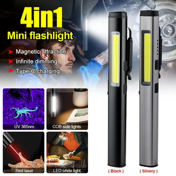 Многофункционална 4 в 1 365 Нм UV Фенерче Mini USB Акумулаторна Скоба За Писалка Фенерче виолетова Светлина за Проверка на Пари COB Работна Лампа