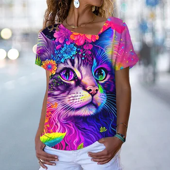 Модерен Дамски тениски с 3D Любимец Котка, Цветни Тениски с къс ръкав и Принтом, Ежедневни Свободна Тениска С V-образно деколте, Забавни Дамски Блузи С Изображение на Коте
