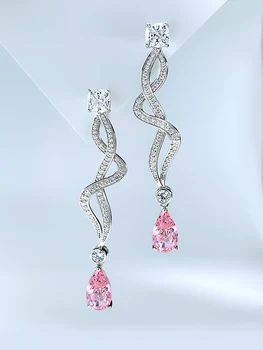 Модерен, универсален стил на знаменитости, обеци с розови диаманти от сребро проба 925, инкрустиран высокоуглеродистыми диаманти, модерен стил