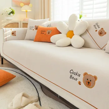 Модерни калъфи за мека мебел с анимационни мечка, противоскользящее четырехсезонное кърпа за дивана, синельная възглавница за всекидневната, калъф за секционна дивана